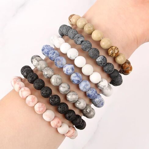 RIAH FASHION Stone Beaded Stretch Yoga Prayer Friendship Bracelet - Healing Lava Semi Precious Natural Gem Quartz, Mermaid Glass Glowing Bead Strand Bangle Cuff in Saudi Arabia