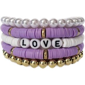 5Pcs Colorful Soft Pottery Bracelets Letter LOVE Bracelets Stackable Elastic Beaded Bracelets Jewelry for Women Girls
