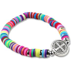 Saint Benedict Medal Bracelet, Colorful Surfer Inspired Jewelry, Catholic Stretchable Rainbow Beaded Gift, 8 Inches