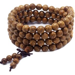 Mala Wood Beads Bracelet 108 0.3-in Prayer Meditation Sandalwood Elastic (Brown)