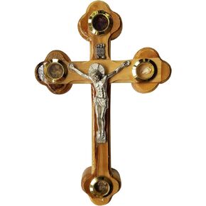 Bethlehem Gifts TM Cross Crucifix Orthodox 14 Station 4 Lens Essences Olive Wood (5")