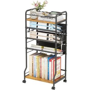 5 Tier Rolling File Cart, Mobile Book Cart with Wheels, Metal Wood Movable Bookshelf Tableside Office Cart Paper Storage File Organizer for Home School Teacher (Black)