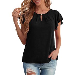 AWULIFFAN Womens Ruffle Short Sleeve Dressy Casual Top Pleated V Neck T-Shirt Keyhole Blouses