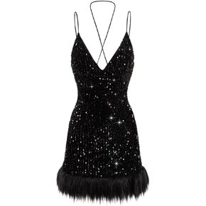 WDIRARA Women's Sequin V Neck Criss Cross Sleeveless Fuzzy Trim Party Club Bodycon Halter Cami Dress