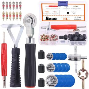 70Pcs Tire Patch Repair and Valve Stem Removal Tool Kit, Tire Scraper, Tire Valve Stem Cores and Caps, Valve Stem Removal Tools, Tire Repair Stitcher, Tire Repair Patches for Punctures