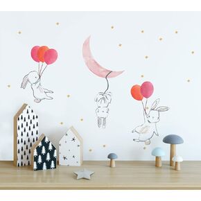 Murwall Cartoon Rabbit Wall Decal Colorful Balloon Wall Sticker Pink Moon Peel n Stick Little Stars Decals for Nursery Room Decor Kidsroom Babyroom Playroom