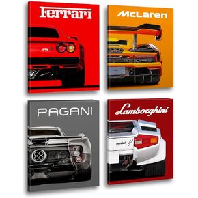 Modern Car Posters Classic Supercar Wall Art Prints, Ferrari Lamborghini McLaren Pagani Canvas Posters for Man Cave Boys Room Wall Decor, Sports Car Art Prints, 4 Set - 8"x10" Frame, Ready to Hang