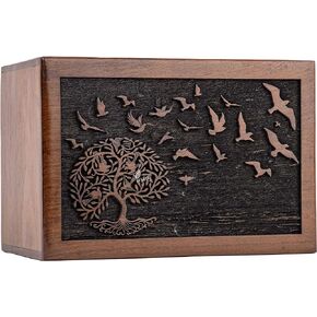 INTAJ Cremation Urn for Human Ashes Adult Male Female - Tree of Life Wooden Box Urn for Ashes - Handmade Decorative Funeral Urn (Customised Tree Birds, S (6x4) 40 Cu)