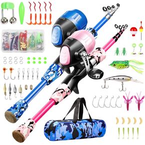 Gamashino Kids Fishing Pole - Telescopic Fishing Rod and Reel Combo Kit - Fishing Gear, Fishing Lures, Carry On Bag, 70 Set Fully Fishing Equipment - for Boys, Girls, Youth