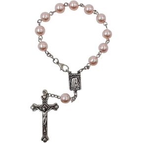 One Decade Auto Rosary for Rearview Mirror Pink Pearl Glass Beads Catholic Bracelet Our Lady of Lourdes Centerpiece Religious Gift Car Truck Travel Protection