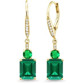 Gem Stone King 18K Yellow Gold Plated Silver Green Nano Emerald Dangle Earrings For Women (4.60 Cttw, Gemstone May Birthstone, Emerald Cut 9X7MM)