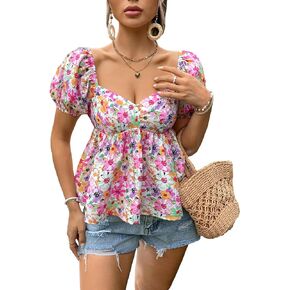بلوزة نسائية من Floerns بطباعة زهور على شكل قلب وأكمام منتفخة من Peplum