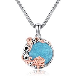 YueYuan Crescent Moon Necklace 925 Sterling Silver Turquoise Necklace Moon Rose Flower Pendant Turquoise Jewelry for Women