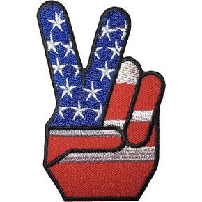 Two Finger Peace Sign with USA Flag American Embroidered Iron Sew On Patch - Red Blue White by Ranger Return (IRON-2FNG-USA-RBW)