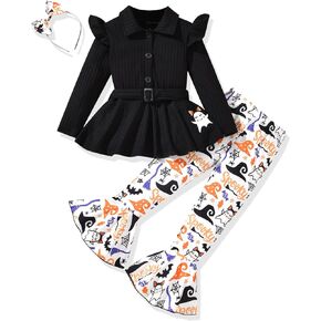 Unutiylo Toddler Little Girl Halloween Outfits 3Pcs Pumpkin Long Sleeve Top Floral Flared Pants Set Fall Winter Clothes