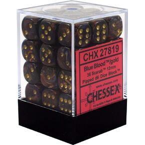 Chessex Scarab 12mm d6 Blue Blood w/Gold Dice Block 36 Dice - 27819