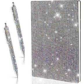 3 Pcs Rhinestone Notebook Pen Sets Crystal Pens Bling Notebook A5 Diamond Glitter Journal Notebook with 2 Pcs Bling Pens for School Office Students Writing Gifts