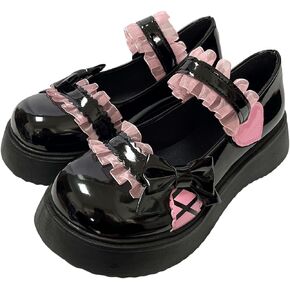 Women Harajuku Y2K Kawaii Goth Lolita Round Toe Chunky Heels Pink Lace Bow-Knot Decor Platform Mary Jane Shoes