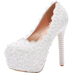الدانتيل الأبيض أحذية الزفاف الزفاف الكعب رقيقة جولة اصبع القدم منصة مضخات الدانتيل الأبيض أحذية الزفاف أحذية عالية الكعب in Kuwait