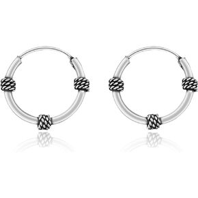 AeraVida Balinese Tribal Art 12mm Triple Braided Rope Sterling Silver Hoop Earrings | Classic Sterling Silver Huggies Earrings | Vintage Earrings for Women | Small Ball Hoop Earrings