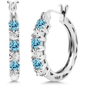 Gem Stone King 925 Sterling Silver Round Swiss Blue Topaz and White Lab Grown Diamond Hoop Earrings (0.91 Cttw, 22MM = 0.85 Inches Diameter)