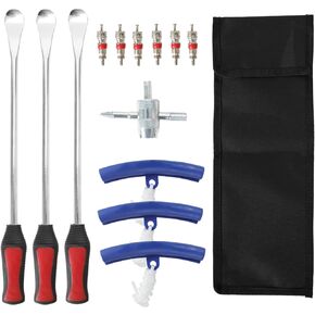 BLACKHORSE-RACING Motorcycle Tire Spoon Dirt Bike Tire Changing Tools Kit with Durable Bag, 3Pcs 14.5 Inch Tire Spoons, 3 Rim Protectors, 1 Valve Tool & 6 Valve Cores (Blue)