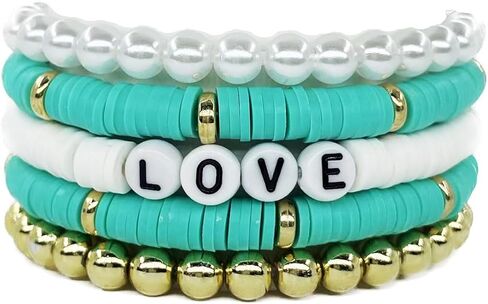 5Pcs Colorful Soft Pottery Bracelets Letter LOVE Bracelets Stackable Elastic Beaded Bracelets Jewelry for Women Girls in Saudi Arabia