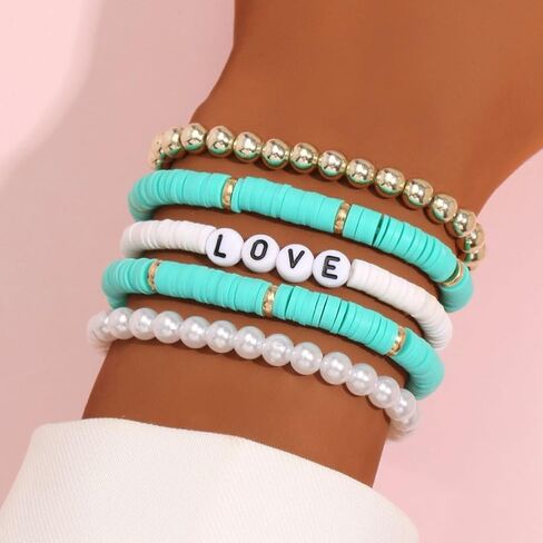 5Pcs Colorful Soft Pottery Bracelets Letter LOVE Bracelets Stackable Elastic Beaded Bracelets Jewelry for Women Girls in Saudi Arabia