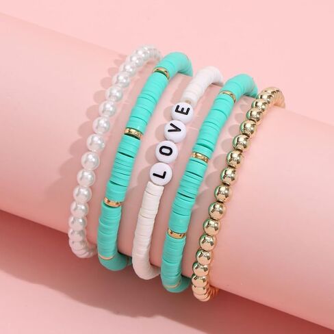 5Pcs Colorful Soft Pottery Bracelets Letter LOVE Bracelets Stackable Elastic Beaded Bracelets Jewelry for Women Girls in Saudi Arabia