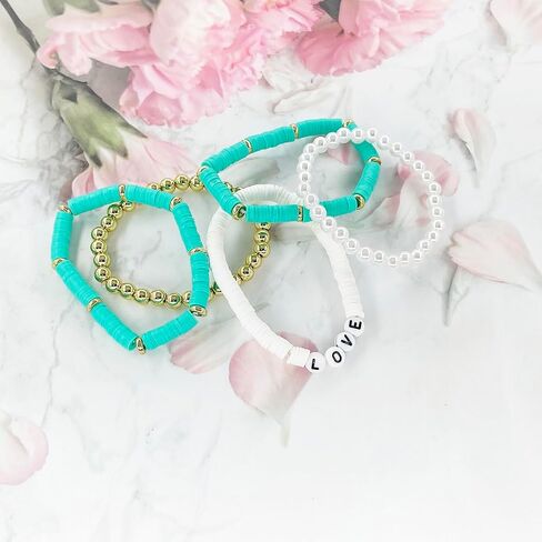 5Pcs Colorful Soft Pottery Bracelets Letter LOVE Bracelets Stackable Elastic Beaded Bracelets Jewelry for Women Girls in Saudi Arabia