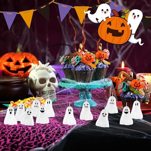 MTLEE 24 Pcs Halloween Ghost Pumpkin Candles Scented Spooky Candles Halloween Cute Tabletop Decor Wax Pumpkin Fun Scary Face Mini Birthday Candle for Home Halloween Decor in Saudi Arabia