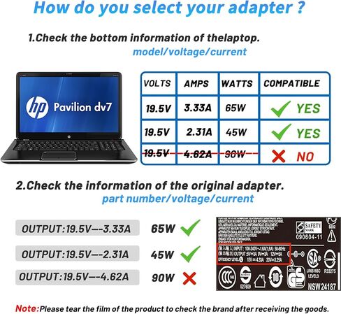 شاحن كمبيوتر محمول 65 واط مناسب لسلسلة HP Pavilion DV7 DV6 DV5 DV4 DM4 G7 G6، كومباك Cq57 Cq62 Cq56 Cq61 Cq60 Cq58،2000-329WM 2000-2A20NR 2000-2B09WM 19.5V 3.33A محول سلك الطاقة in Saudi Arabia