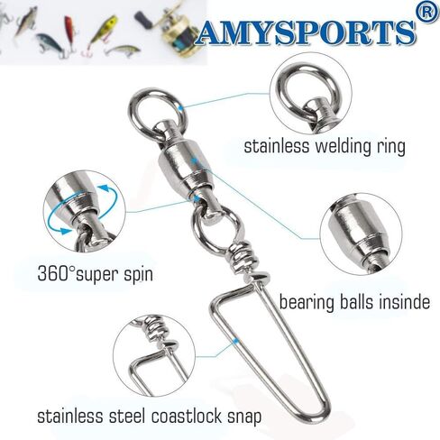 AMYSPORTS High Strength Fishing Snap Swivels - Stainless Steel Ball Bearing Swivels - Saltwater & Freshwater Fishing in Kuwait