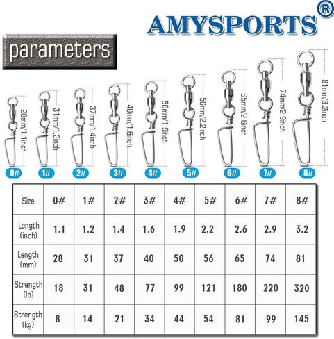 AMYSPORTS High Strength Fishing Snap Swivels - Stainless Steel Ball Bearing Swivels - Saltwater & Freshwater Fishing in Kuwait