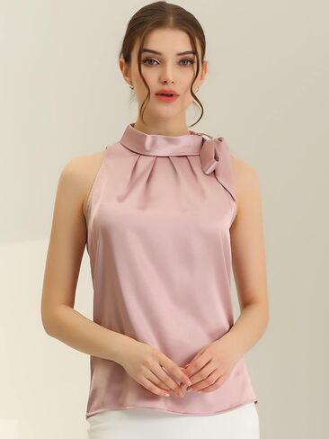 Allegra K Women's Elegant Satin Sleeveless Tie Knot Mock Neck Solid Work Blouse Top in Saudi Arabia
