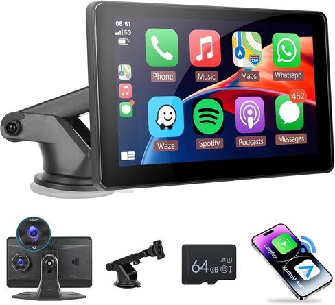 7 Inch Wireless Carplay Touchscreen with 2.5K Dash Cam, Portable Apple Carplay & Android Auto Car Stereo, Car Audio Receivers with 64G SD Card, GPS Navigation, Bluetooth, WiFi Video in Saudi Arabia
