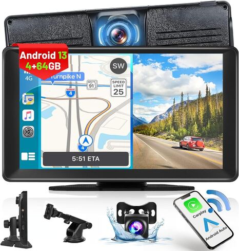 8 core 4+64G Android 13 Portable Wireless Apple Carplay Car Radio with Dash Cam, 9 Inch Touchscreen Car Play Car Screen with Backup Camera WiFi GPS Navigation Mirror Link… in Saudi Arabia