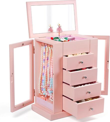 Jewelry Box for Girls, Musical Jewelry Box with Spinning Dancer Gifts for Little Girls Christmas New Year Birthday Children's Day, 5 Layer Large Wooden Kids Music Jewelry Organizer Box(Pink) in Saudi Arabia