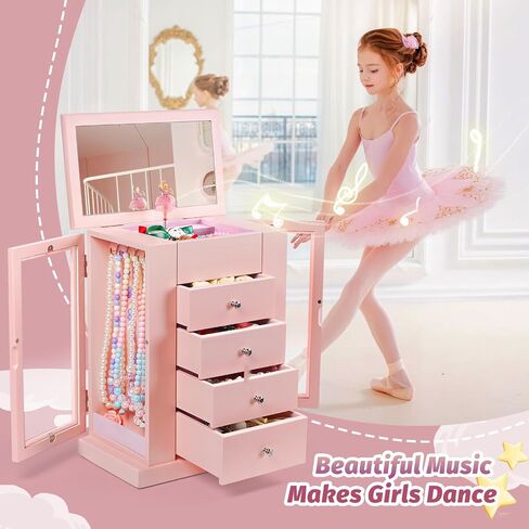 Jewelry Box for Girls, Musical Jewelry Box with Spinning Dancer Gifts for Little Girls Christmas New Year Birthday Children's Day, 5 Layer Large Wooden Kids Music Jewelry Organizer Box(Pink) in Saudi Arabia