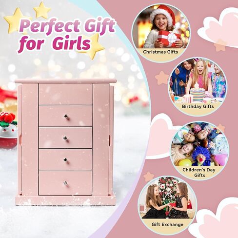 Jewelry Box for Girls, Musical Jewelry Box with Spinning Dancer Gifts for Little Girls Christmas New Year Birthday Children's Day, 5 Layer Large Wooden Kids Music Jewelry Organizer Box(Pink) in Saudi Arabia