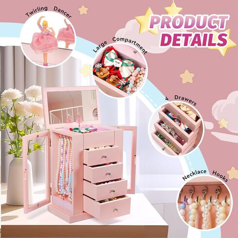Jewelry Box for Girls, Musical Jewelry Box with Spinning Dancer Gifts for Little Girls Christmas New Year Birthday Children's Day, 5 Layer Large Wooden Kids Music Jewelry Organizer Box(Pink) in Saudi Arabia