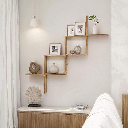 أرفف حائط afuly لغرفة النوم وغرفة المعيشة، أرفف خشبية عائمة لجدار الغرفة، رف مثبت على الحائط لتخزين الكتب ومنظم العرض على شكل حرف L، بني طبيعي حديث ديكور المنزل الخشب الصلب 12 بوصة in Kuwait