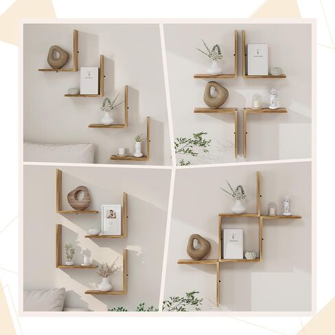 أرفف حائط afuly لغرفة النوم وغرفة المعيشة، أرفف خشبية عائمة لجدار الغرفة، رف مثبت على الحائط لتخزين الكتب ومنظم العرض على شكل حرف L، بني طبيعي حديث ديكور المنزل الخشب الصلب 12 بوصة in Kuwait