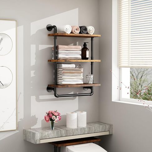 Industrial Pipe Shelving Bathroom Shelf with Towel Bar, 3 Tier 24 Inch Floating Shelves, Heavy Duty Wall Shelf for Kitchen, Bedroom, Living Room in Saudi Arabia