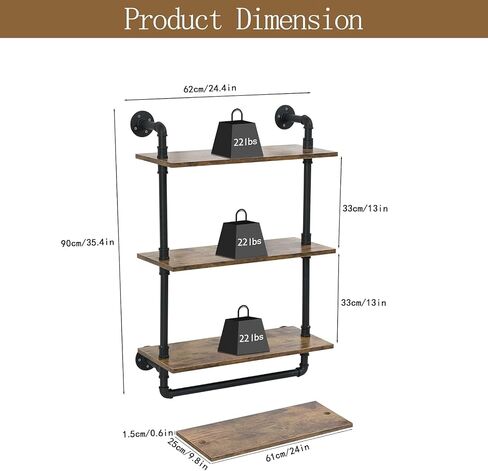 Industrial Pipe Shelving Bathroom Shelf with Towel Bar, 3 Tier 24 Inch Floating Shelves, Heavy Duty Wall Shelf for Kitchen, Bedroom, Living Room in Saudi Arabia