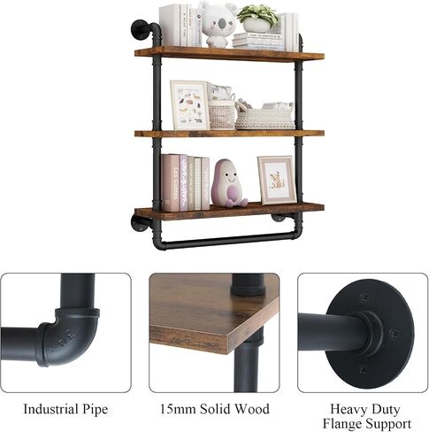 Industrial Pipe Shelving Bathroom Shelf with Towel Bar, 3 Tier 24 Inch Floating Shelves, Heavy Duty Wall Shelf for Kitchen, Bedroom, Living Room in Saudi Arabia