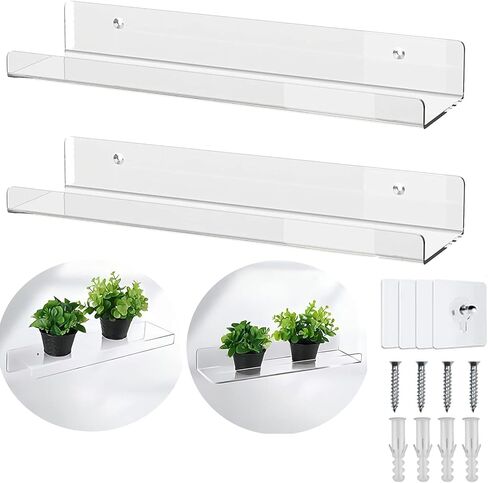 WANLIAN 2 Pack Acrylic Floating Shelves, Clear Wall Mounted Floating Shelf, 12 Inch Acrylic Shelves, for Bathroom, Bedroom, Living Room, Office, Kitchen Spice Rack Picture Ledge Shelf in Saudi Arabia