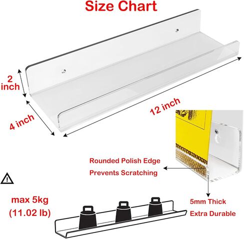 WANLIAN 2 Pack Acrylic Floating Shelves, Clear Wall Mounted Floating Shelf, 12 Inch Acrylic Shelves, for Bathroom, Bedroom, Living Room, Office, Kitchen Spice Rack Picture Ledge Shelf in Saudi Arabia