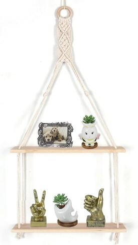 2 Tier Boho Macrame Wall Hanging Shelves, Rustic Farmhouse Wood Floating Shelf Wall Décor for Bathroom Bedroom Living Room in Saudi Arabia