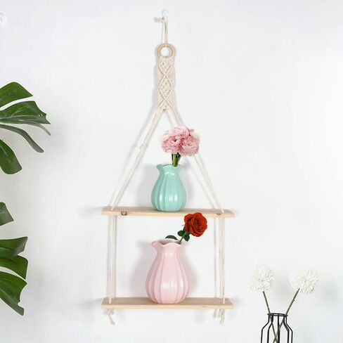 2 Tier Boho Macrame Wall Hanging Shelves, Rustic Farmhouse Wood Floating Shelf Wall Décor for Bathroom Bedroom Living Room in Saudi Arabia